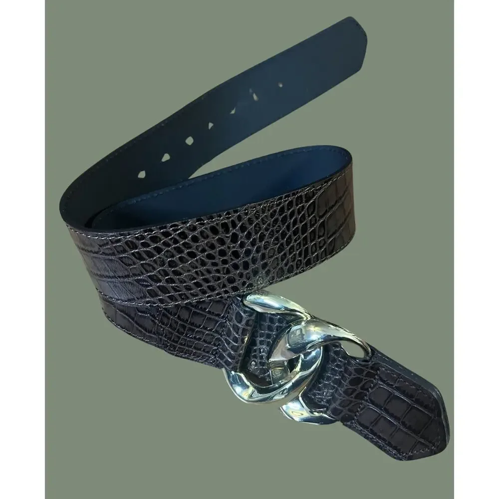ZARA Belt, Dark Brown, Gator Textured, Gold Buckle| 36”